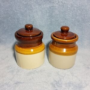 Vintage Mid-Century Stoneware Crock Spice Jars Set of 2 Brown Ombre Glaze Retro